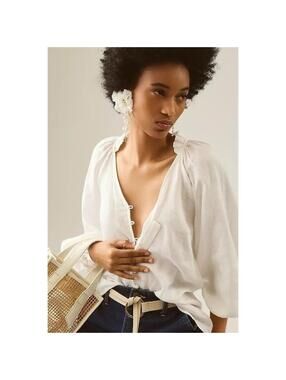 Anthropologie Maeve LARGE Blouse The Audie Linen Puff-Sleeve Cottagecore Prairie